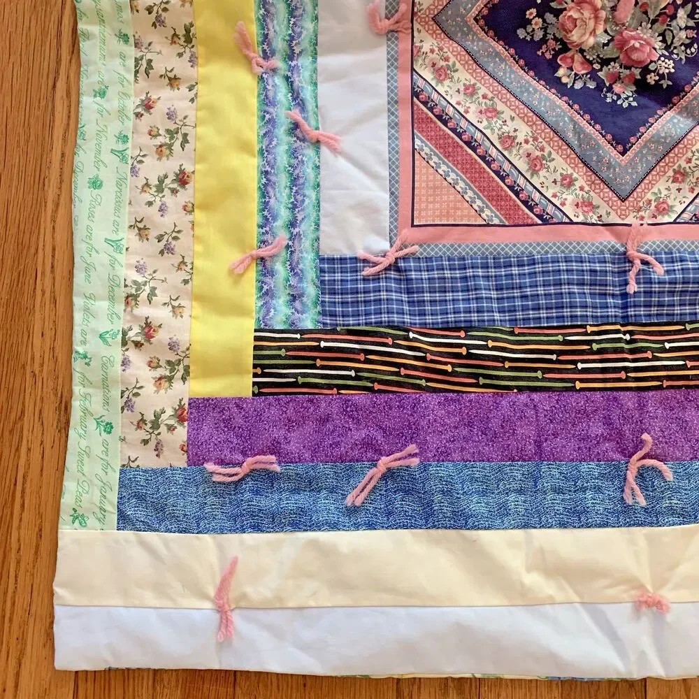 Vintage Handmade Baby Crib Quilt Blanket 32”x40” Various Picnic Patchwork Floral